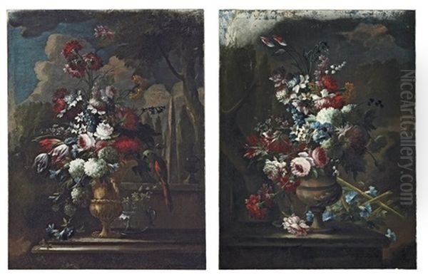 Roses, Tulips And Chrysanthemums In A Copper Urn (+ Roses, Tulips And Carnations On A Stone Ledge; Pair) - view 1