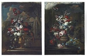 Roses, Tulips And Chrysanthemums In A Copper Urn (+ Roses, Tulips And Carnations On A Stone Ledge; Pair)