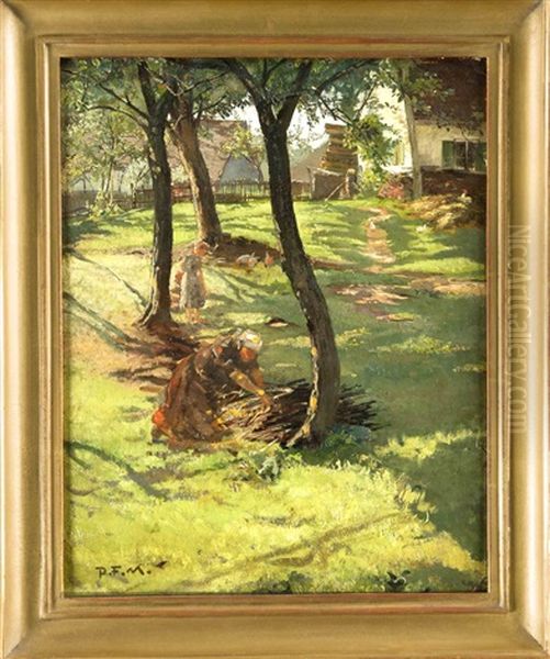 Sommerliche Gartenpartie Mit Reisig Sammelnder Bauerin U. Spielenden Kindern - view 1