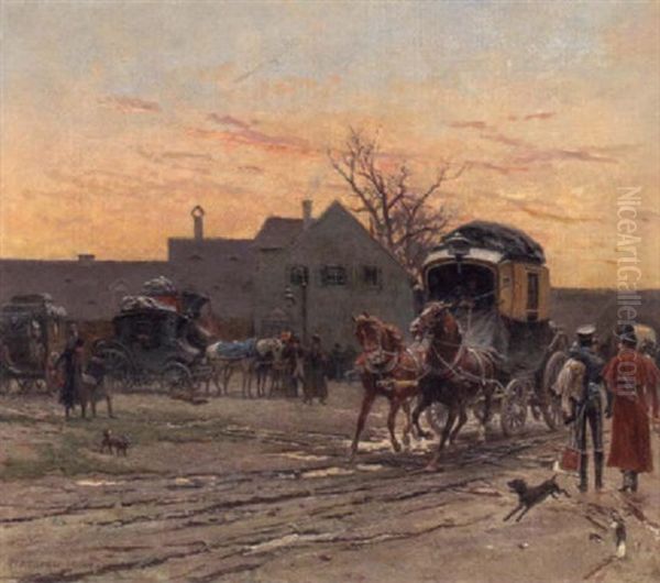 A Coach And Horses Leaving An Inn With Military Figures In The Foreground - view 1