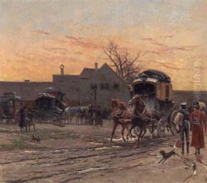 A Coach And Horses Leaving An Inn With Military Figures In The Foreground by Pius Ferdinand Messerschmitt