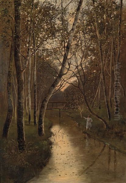 Waldlandschaft Mit Angler Am Flussufer - view 1