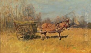 Donkey With Hay Cart by Geza Meszoely