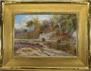 Painting Of Cows Watering Near A River In A Springtime Landscape Painting Of Cows Watering Near A River In A Springtime Landscape