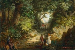 Gauchos Mit Viehherde Im Argentischen Urwald, Im Vordergrund Ein Wanderndes Paar by Adolf Methfessel