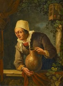 Frau Mit Krug by Gabriel Metsu