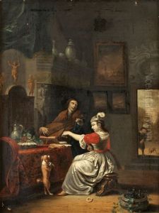 Interior Med Galant Sallskap Och Hund by Gabriel Metsu