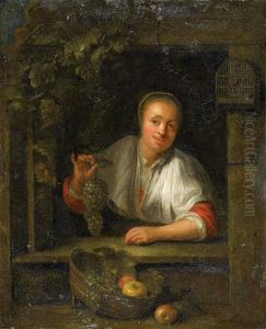 Dame Mit Fruchtekorb In Der Fensternische by Gabriel Metsu