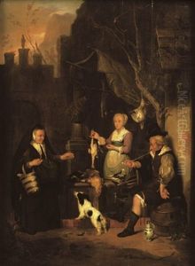 A Man Seated On A Barrel Smoking And An Old Woman Buying Poultry From A Girl In Front Of A House