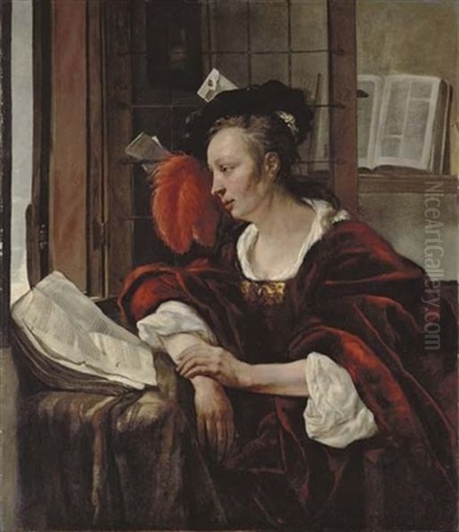 A Woman In A Red Velvet Dress And Wearing A Black Velvet Beret With Red Feather Plume - view 1