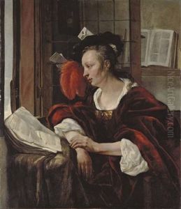 A Woman In A Red Velvet Dress And Wearing A Black Velvet Beret With Red Feather Plume by Gabriel Metsu