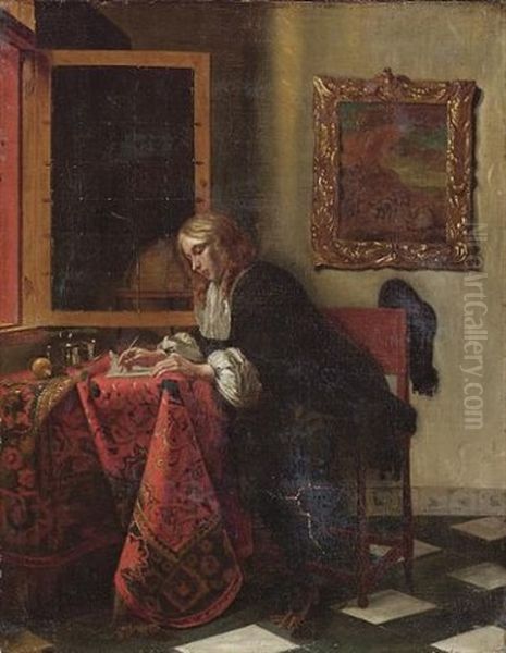A Gentleman Writing A Letter At A Draped Table In An Interior - view 1