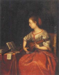 An Interior With A Seated Lady Playing A Cittern