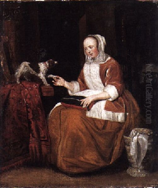 A Woman In An Interior With Her Dog - view 1