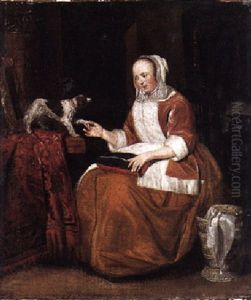 A Woman In An Interior With Her Dog by Gabriel Metsu