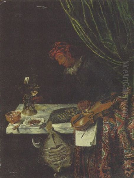 A Man At A Partially Draped Table Holding A Roemer - view 1
