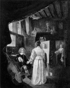 Maler Mit Seinem Modell Im Atelier by Gabriel Metsu