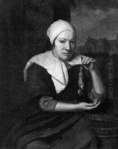 A Woman, Seated By A Barrel, Holding Up A Herring