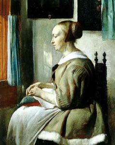 A Young Woman With A Sewing Pillow by Gabriel Metsu