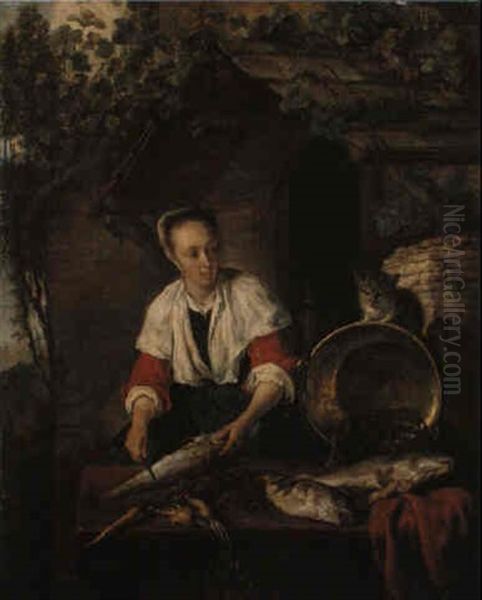 A Maid Cleaning Fish Outside A House - view 1