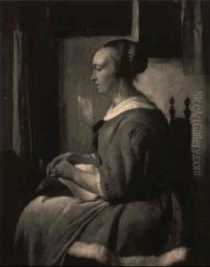 A Young Woman With A Sewing Pillow by Gabriel Metsu