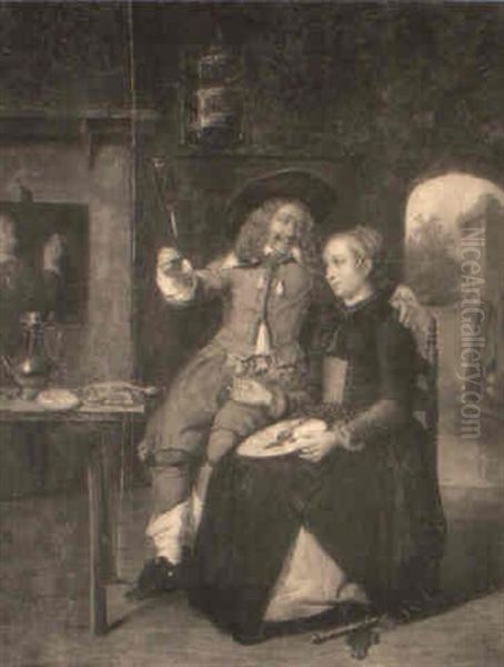 An Officer And A Lady Carousing In An Interior - view 1