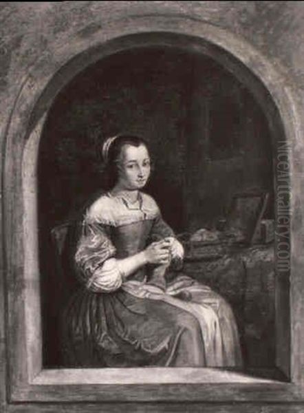 A Peasant Young Woman Knitting At A Niche - view 1