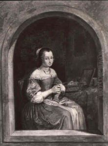 A Peasant Young Woman Knitting At A Niche by Gabriel Metsu