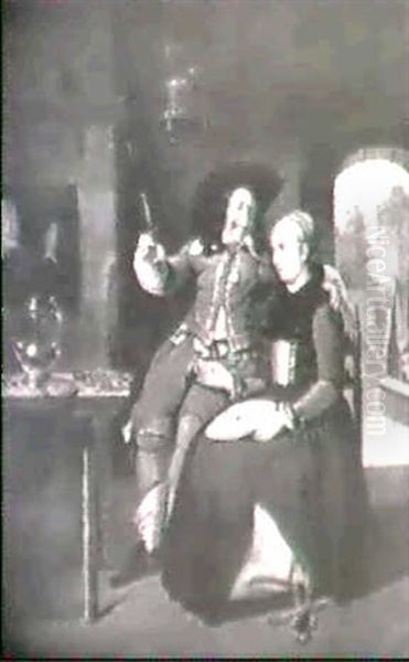 An Interior With A Gentleman Drinking And A Lady Sewing - view 1