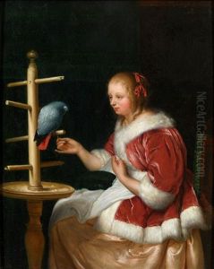A Young Woman In A Red Satin Jacket Feeding A Parrot by Johann Jakob Mettenleiter