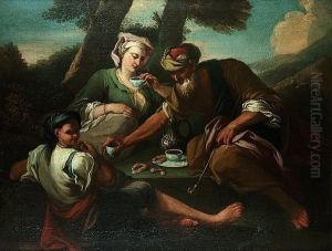 A Turk And His Family Taking Coffee In A Landscape by Nicolas Bertuzzi L'Anconitano