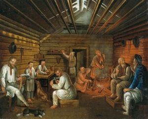 Russische Bauern In Der Stube by Johann Jakob Mettenleiter