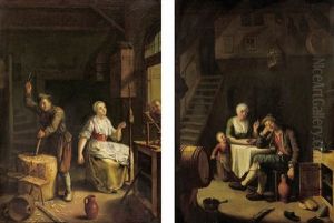 A Carpenter At Work And A Woman At The Spinning Wheel In An Interior