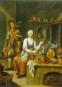 Kitchen Interior With A Man And A Maidservant Washing Utensils