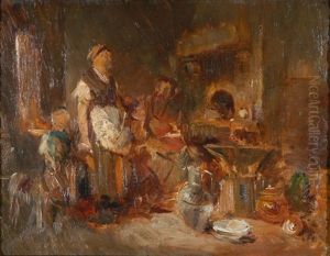 Kucheninterieur Mit Bauernfamilie Und Hund by Louis Mettling