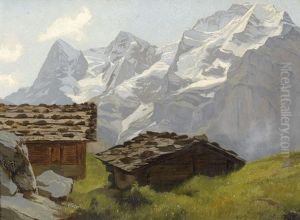 Sommerliche Gebirgspartie Im Berner Oberland Mit Chalets (+ Blumenstillleben, Verso)