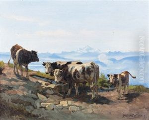 Kuhe Bei Der Tranke by Edouard-Louis-Auguste Metton