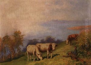 Weidende Kuhe Am Hang Uber Dem See by Edouard-Louis-Auguste Metton