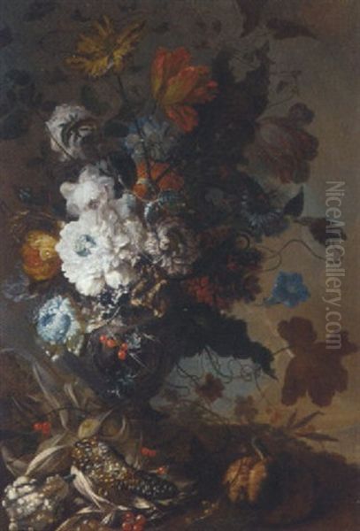 Chrysanthemums, Tulips, Roses, A Sunflower, And Other Flowers In An Urn With A Pomegranate, Berries And A Lupin - view 1