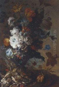 Chrysanthemums, Tulips, Roses, A Sunflower, And Other Flowers In An Urn With A Pomegranate, Berries And A Lupin by Gertrude Metz