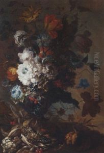 Chrysanthemums, Tulips, Roses, A Sunflower, Flax, And Other Flowers In An Urn With A Pomegranate, Berries And A Lupin