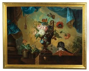 A Floral Still Life With A Small Dog by Johann Martin Metz