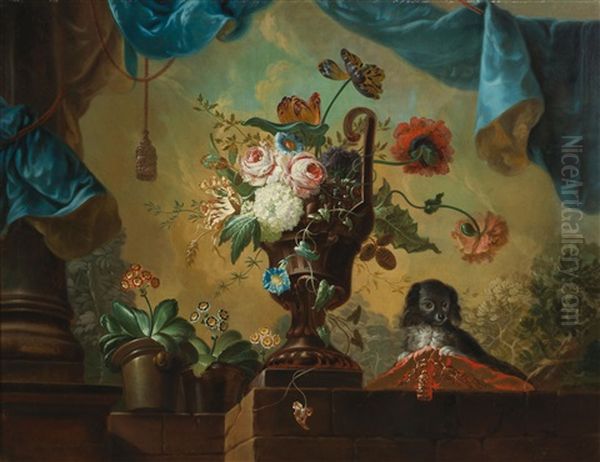 A Still Life Of Flowers With A Little Dog - view 1
