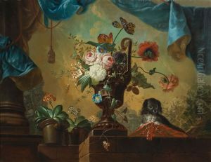 A Still Life Of Flowers With A Little Dog by Johann Martin Metz