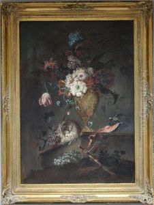 Stillleben Mit Auf Tisch Arrangierter Vase, Daneben Nest Mit Eiern Und Vogel Auf Melonenstuck, Vor Dem Tisch Weinreben