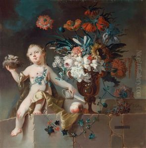 Blumenstillleben Mit Einem Putto Mit Vogelnest