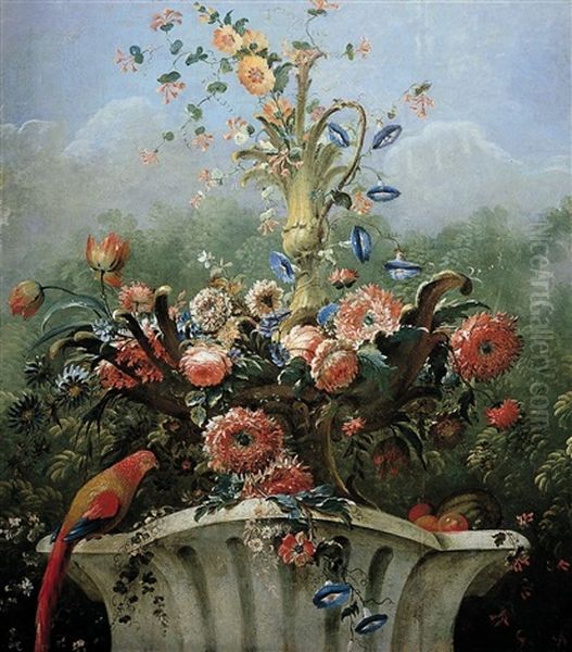 Floral Still Life In A Stone Vase With A Parrot - view 1
