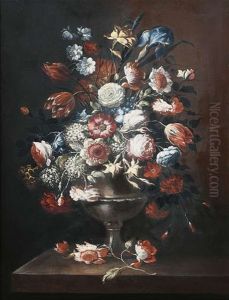 Stilleben Mit Prachtigem Blumenbukett In Silberner Vase Auf Einem Steinpodest Stilleben Mit Prachtigem Blumenbukett In Silberner Vase Auf Einem Steinpodest