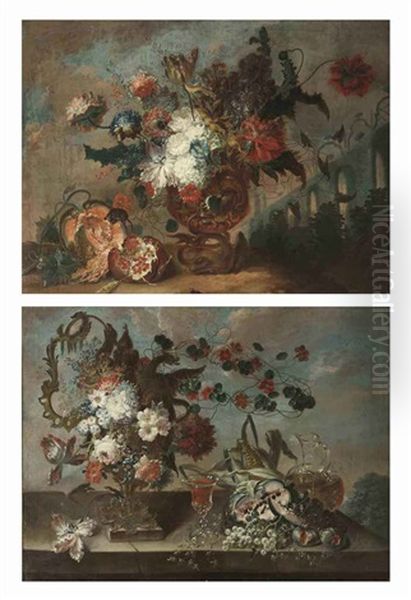 An Ornamental Goblet With Flowers, A Glass, Cob Of Corn, A Watermelon, Grapes And Figs On A Stone Ledge (+ A Silver Vase, Watermellons, A Basket Of Flowers And A Golden Goblet On A Partially Draped Stone Ledge; 2 Works) - view 1