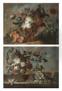 An Ornamental Goblet With Flowers, A Glass, Cob Of Corn, A Watermelon, Grapes And Figs On A Stone Ledge (+ A Silver Vase, Watermellons, A Basket Of Flowers And A Golden Goblet On A Partially Draped Stone Ledge; 2 Works)